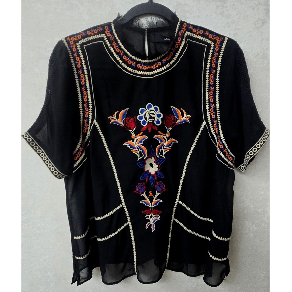 LOB Top Black Sheer Embroidered Floral Short Sleeve Blouse Size 4 Boho Peasant